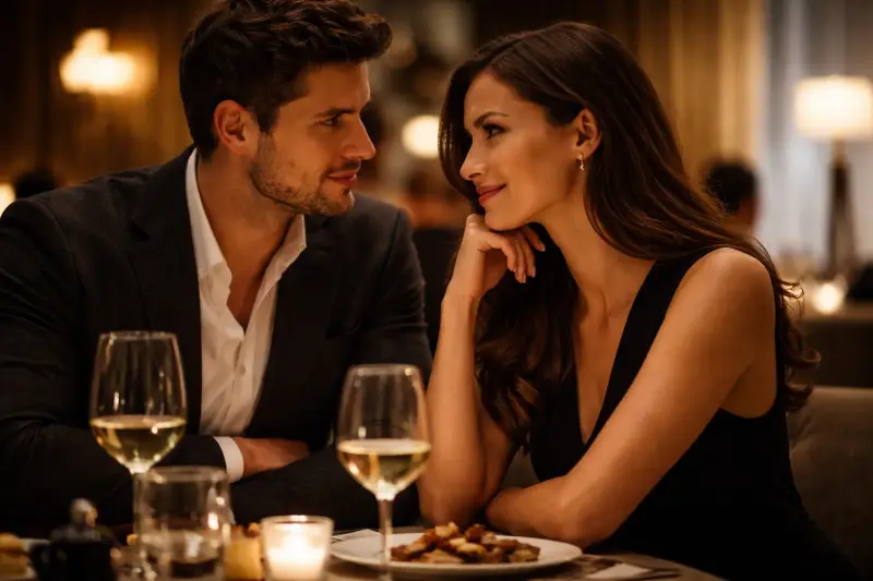 man and woman creating connection during a high-class escort dinner date